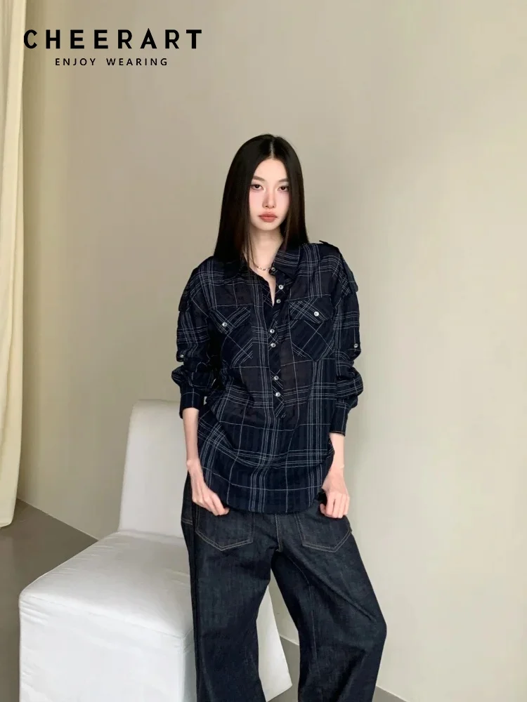 

CHEERART Plaid Long Sleeve Blue Shirt Female Button Up Collar Designer Shirt Texture Top Fall 2025 Fashion Woman Fashion Clothes