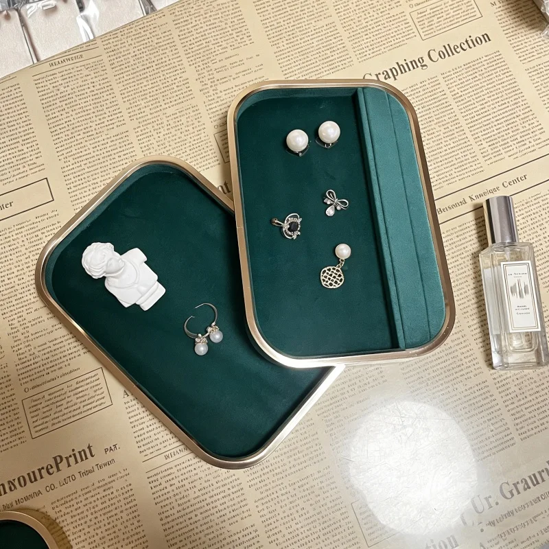 

Green Velvet Jewelry Tray Set, Gold Rim Rectangle Display Case, Multi-Function Earring Ring Necklace Organizer