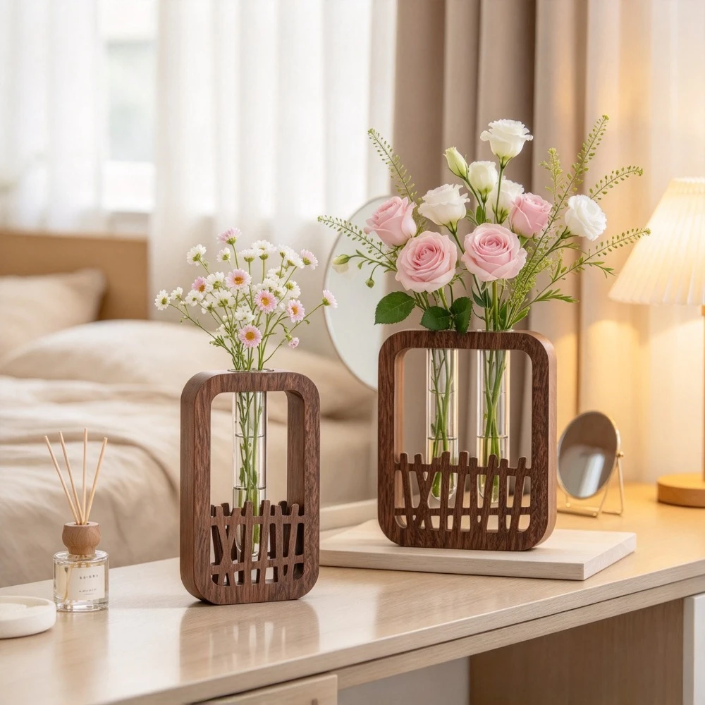 Retro Solid Wood Frame Glass Test Tube Vase Small Hydroponic Flower Container Desktop Plant Propagation Holder Home Decoration