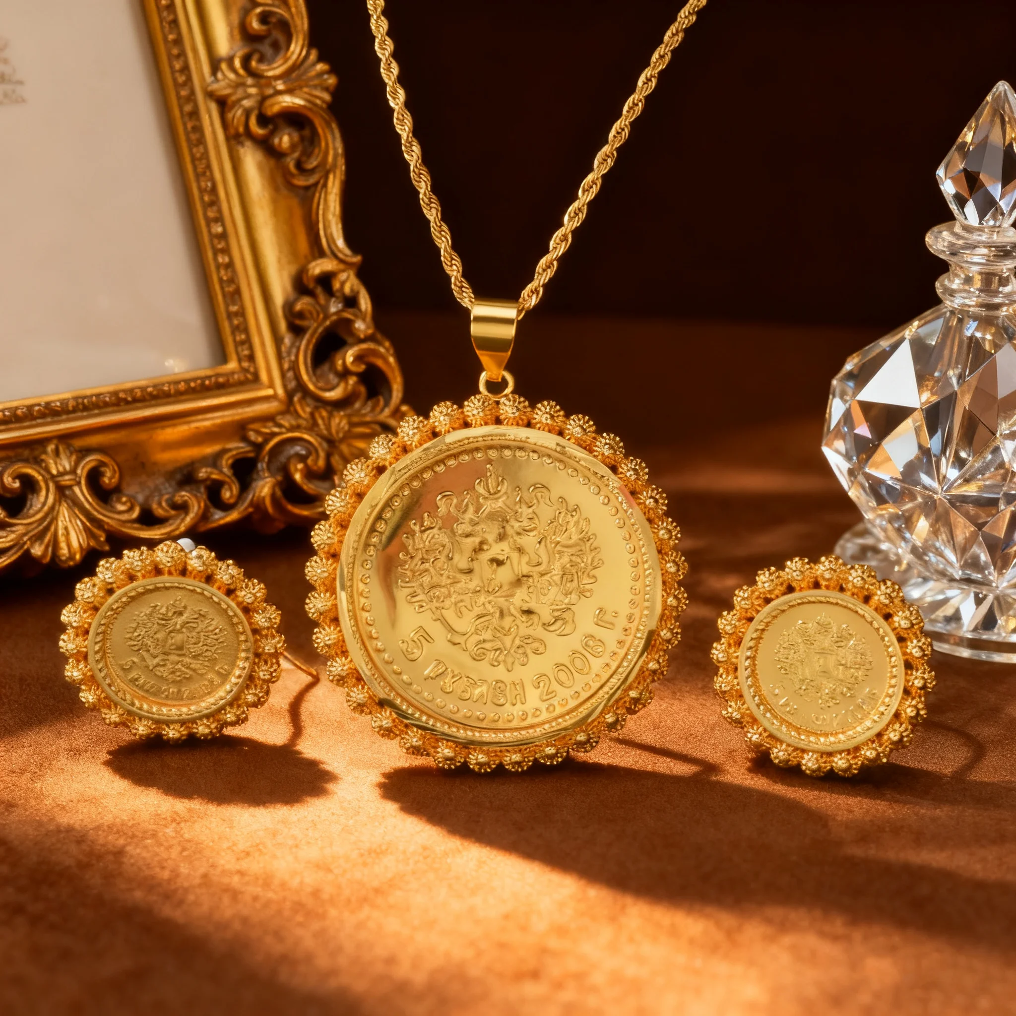 Antique Persian Coin Gold Plated Necklace Earrings Set with Lion Sun Symbol Vintage Middle Eastern Style Jewelry Gift for Women