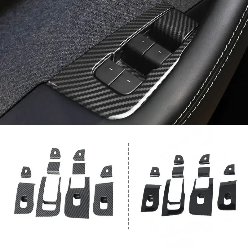 For Tesla Model Y Juniper 2025 ABS Carbon Fiber Texture Car Styling Inner Door Window Lift Panel Button Frame Trim Glossy Black