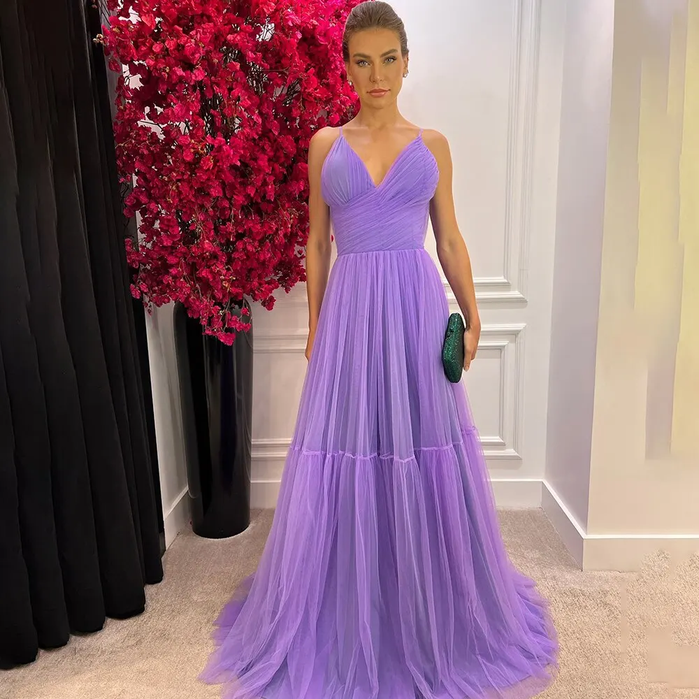 Lavender A-Line Formal Evening Dress Women's Tulle Pleats V-Neck Prom Dress Backless Sleeveless Wedding Party Gowns Customized