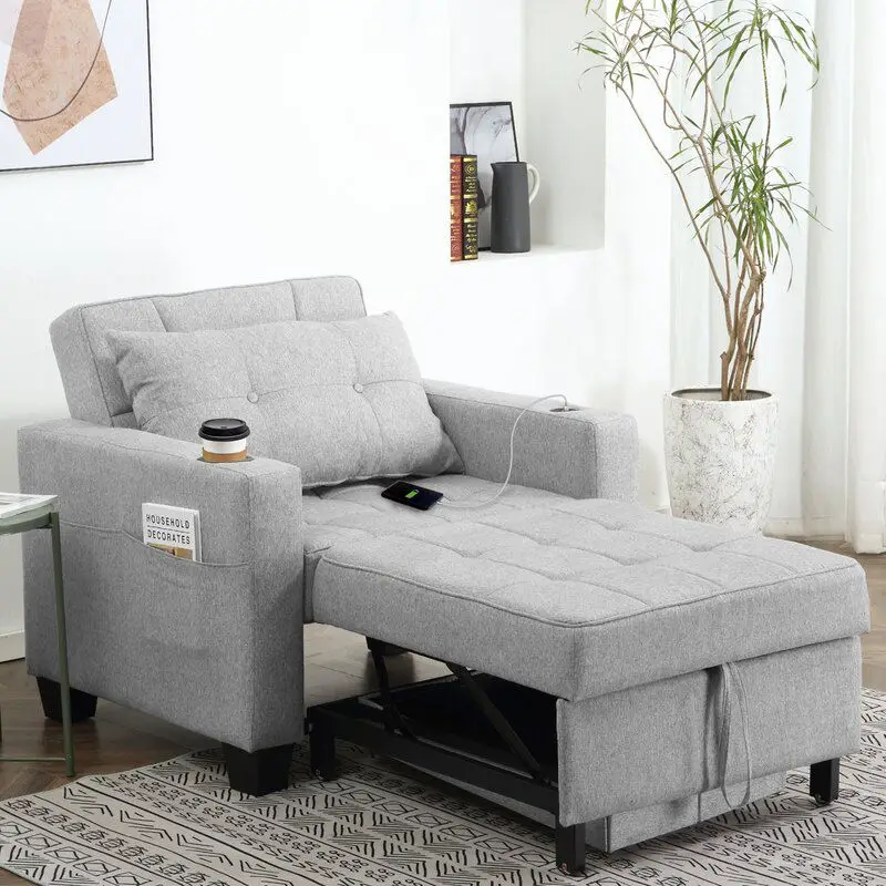 

# Bed Gray Fabric Double Seat Recliner Adjustable Backrest Sleeper Pull Out Sofa Bed with USB Charger^