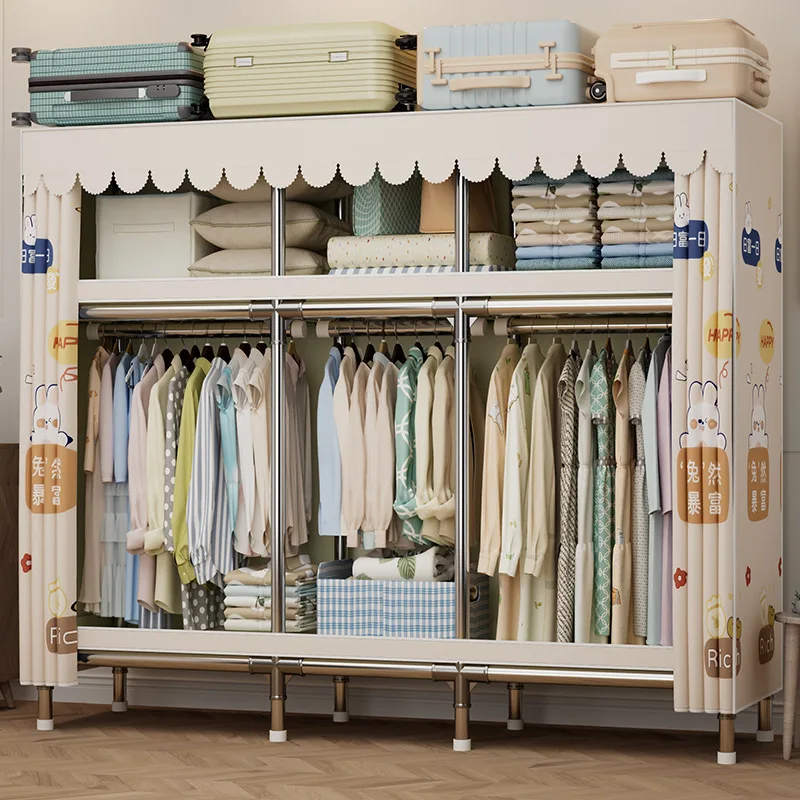 Portable Fabric Wardrobe with Steel Frame, Clothes Storage Closet Organizer for Bedroom Rental Room Dormitory Assembly Cabinet