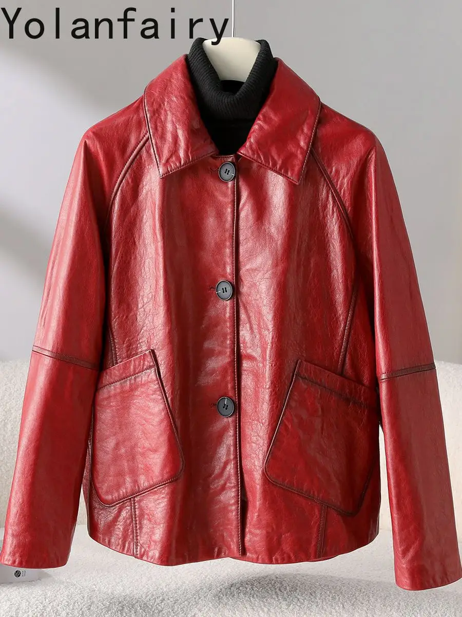 เสื้อแจ็คเก็ตหนังแกะ YOLANFAIRY Oli-wax สำหรับผู้หญิง ปี 2025 แจ็คเก็ตหนังสีแดงวินเทจระดับไฮเอนด์ แบบสั้น หนังแท้ 100%