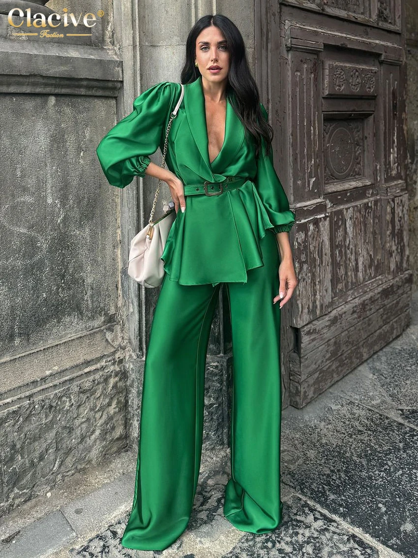 Clacive-Conjunto de dos piezas de satén verde para mujer, camisa de manga larga con Pantalones anchos de cintura alta, elegante, a la moda, 2025