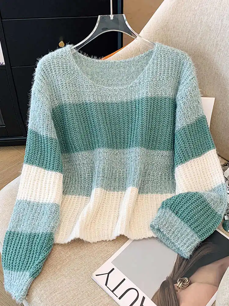 Women's Green Striped Pullover Knitted Sweater Harajuku Aesthetic Long Sleeves O-Neck Sweater Jumper Y2k Vintage 2000s Clothes