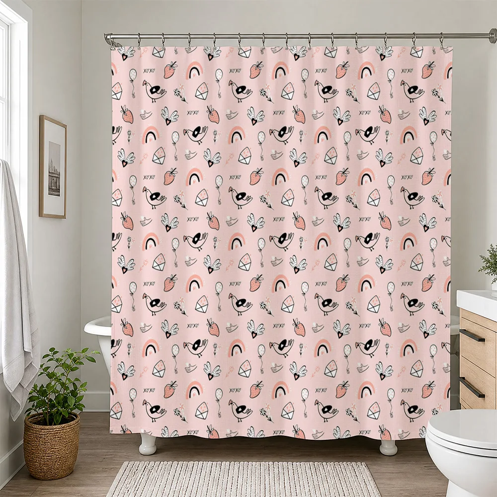 Cute Whimsical Rainbow Chicken Pattern Shower Curtain Pastel Pink Bathroom Decor Nursery Kids Home Decor Gift