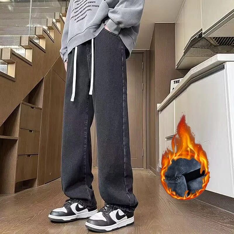 

Мужские осенне-зимние теплые повседневные джинсы, мужские утолщенные облегающие джинсовые брюки на флисовой подкладке, обычные свободные прямые эластичные брюки