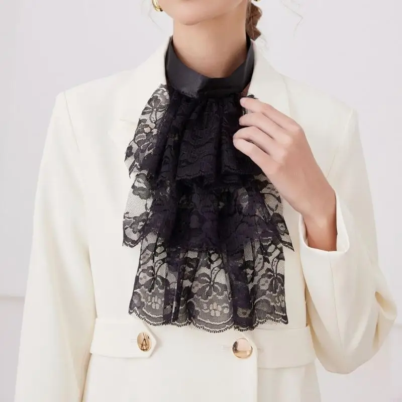 Y3NE Lace Jabot Collar Victorian Theme Party Neckwear Cosplay Accessory Collar for Halloween Teaparty Dressingup Neckpiece