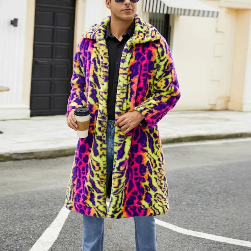 Contrasting Leopard Print Imitation Fur Plush Coat Warm Autumn and Winter Coat Jacket for Men