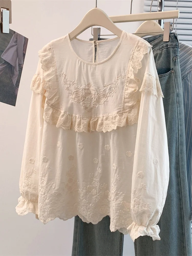 

Casual Embroidered Hook Flower Women's irt plus Size Versatile Artistic Design Spring Faionable Long Sve round Ne