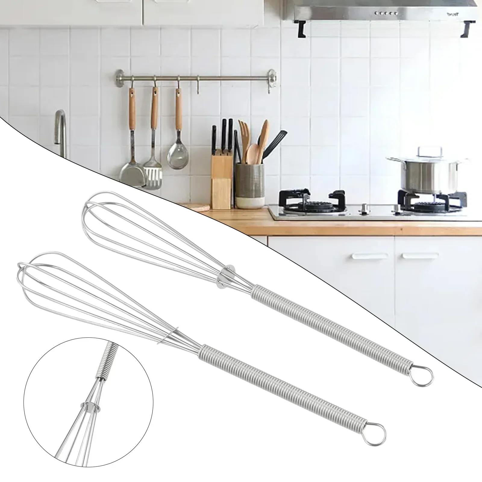 2PCS Kitchen Whisk Egg Beater Milk Frother Non-Slip Easy To Clean Kitchen Utensil Stainless Steel Whip Mix Stir Egg Beater Tool