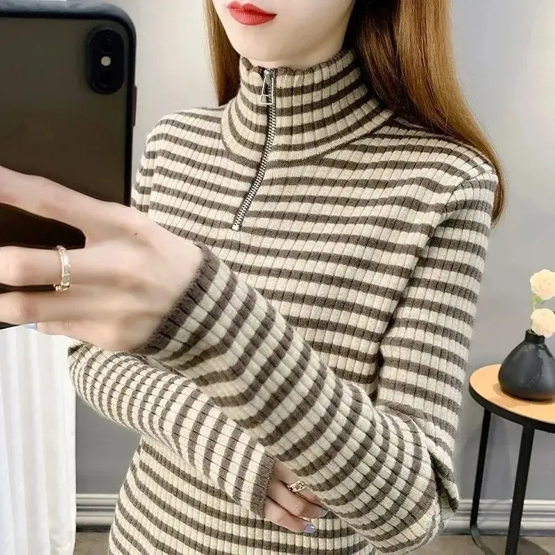 2023 Autumn and Winter Women's Pullover Half High Collar Patchwork Zipper Striped Bottom Shirt Fashion Casual Long Sleeve Tops