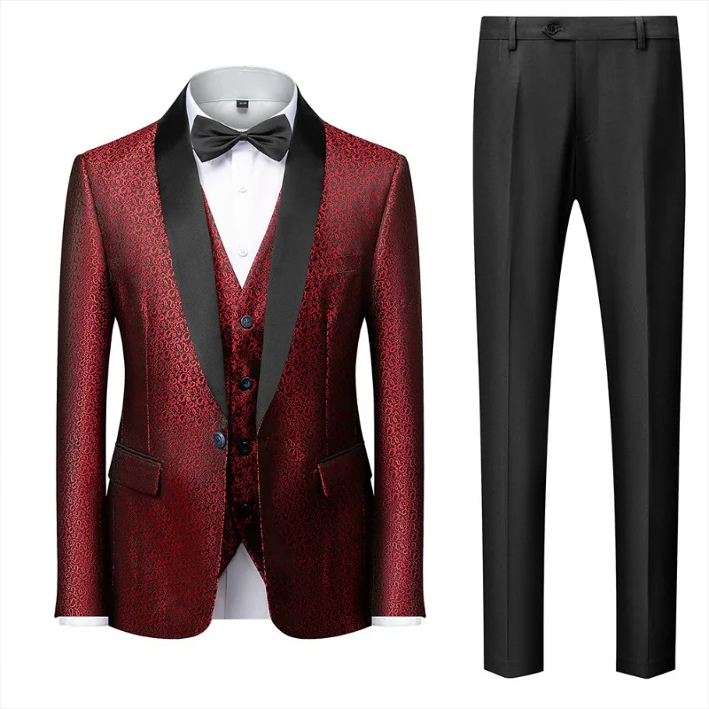 KIDWHXR Suit Set Men Patchwork Turn Down Collar Male Printed Vest Straight-leg Pant Man British Style Wedding 3-piece Outfit