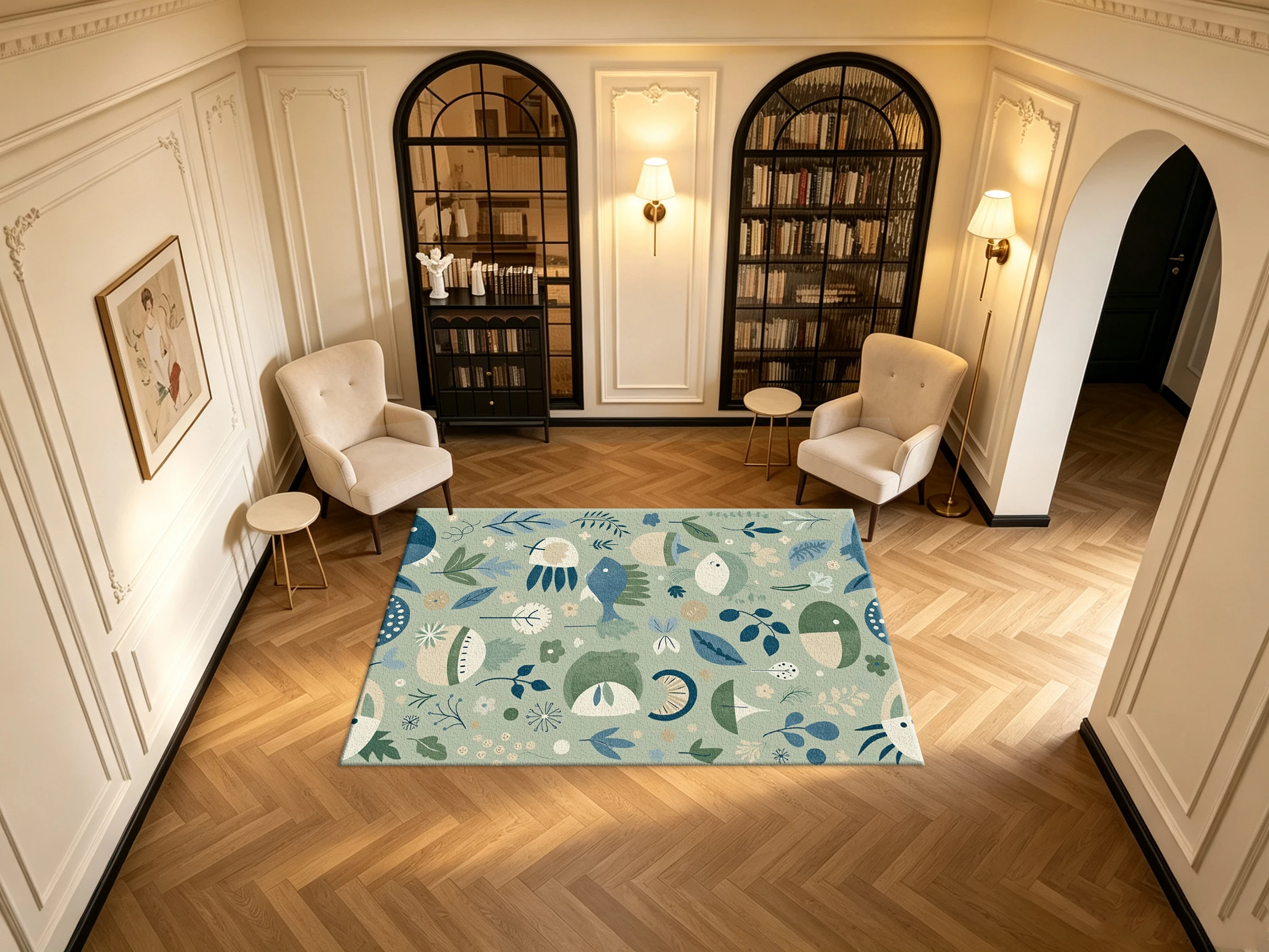 Boho Sea Creature Fish Jellyfish Botanical Carpet Flooring Soft Sage Green Seamless Printed Square Floor Rug for Household Decor