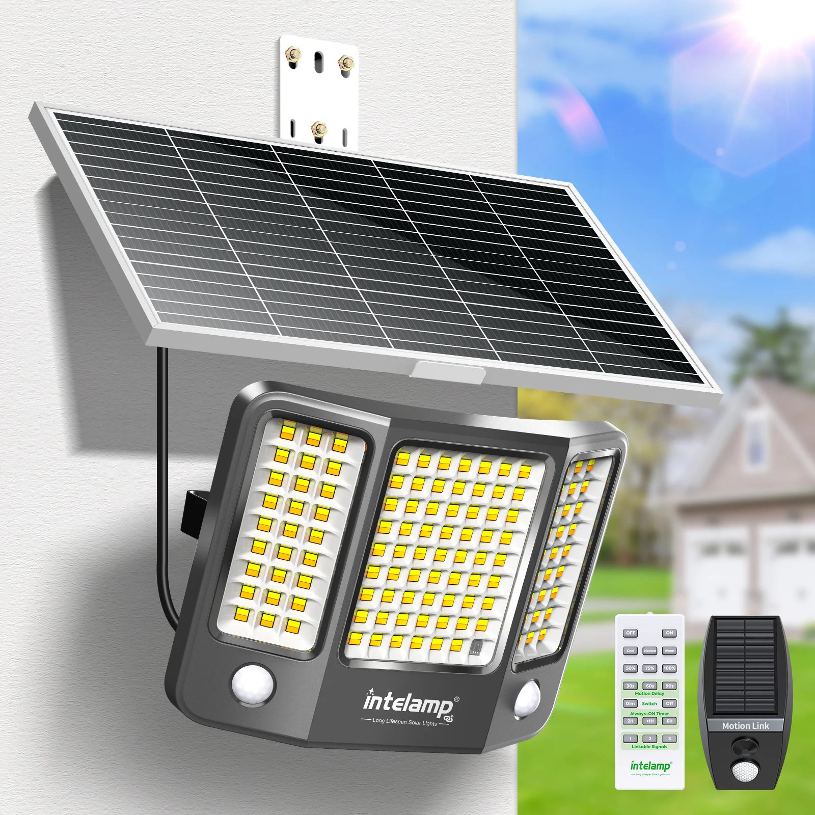 Intelamp Top Brand Long Battery Life 20000mAh Outdoor Solar Flood Lights 3 Colors With Super Large Solar Panel 3 Motion Sensors 4 Modes Solar Security Light For Yard Garage Driveway Backyard Farm