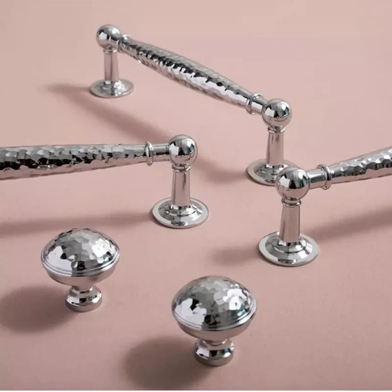 Bright Chrome Desk Drawer Pulls /Solid Brass Hand Hammered Patterns Cabinet Door Handle Furniture Hardware Kitchen Accessories