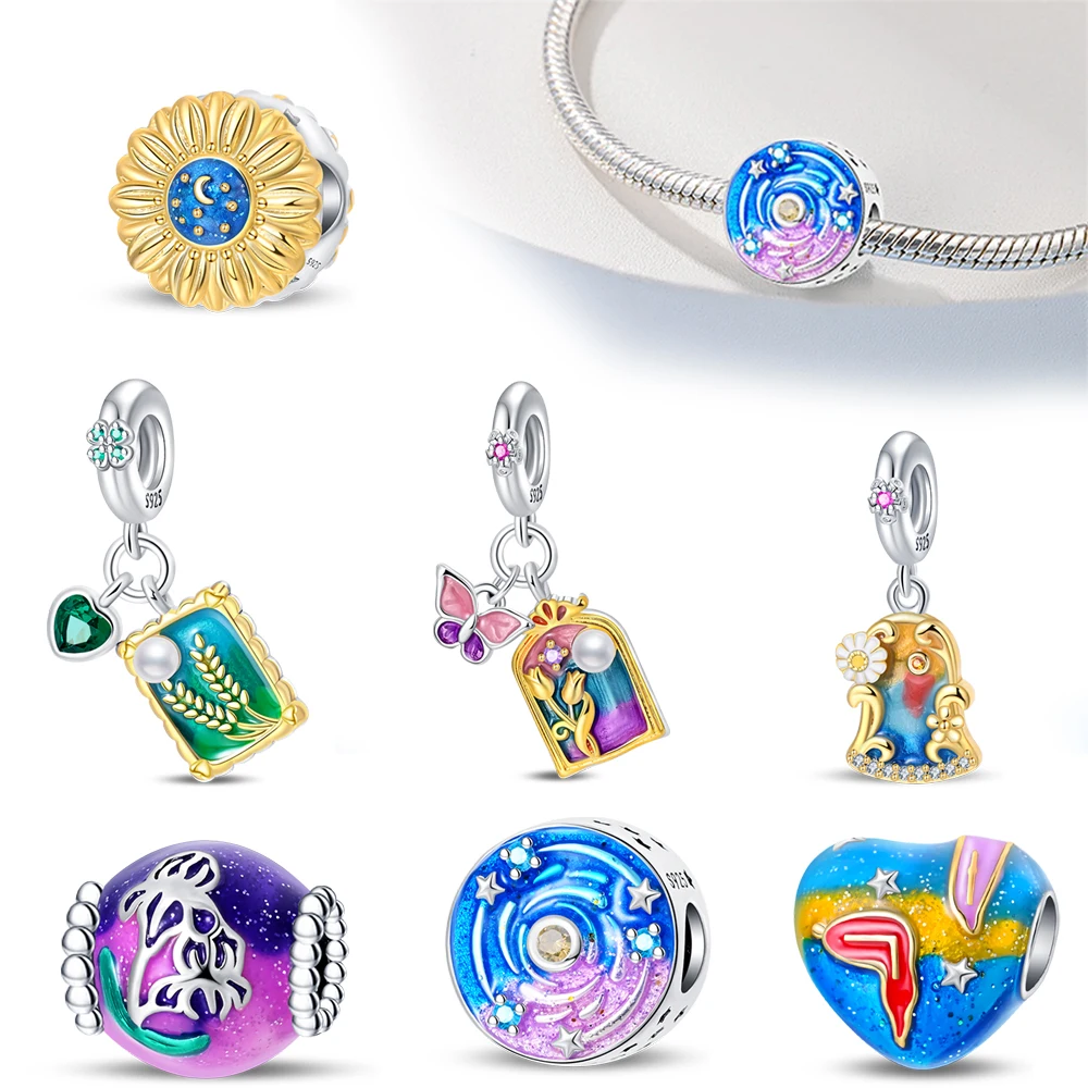 

Colorful Sunflower Starry Sky Oil Painting Series 925 Sterling Silver Dangle Charm Fit Original Bracelet DIY Gift Jewelry Making