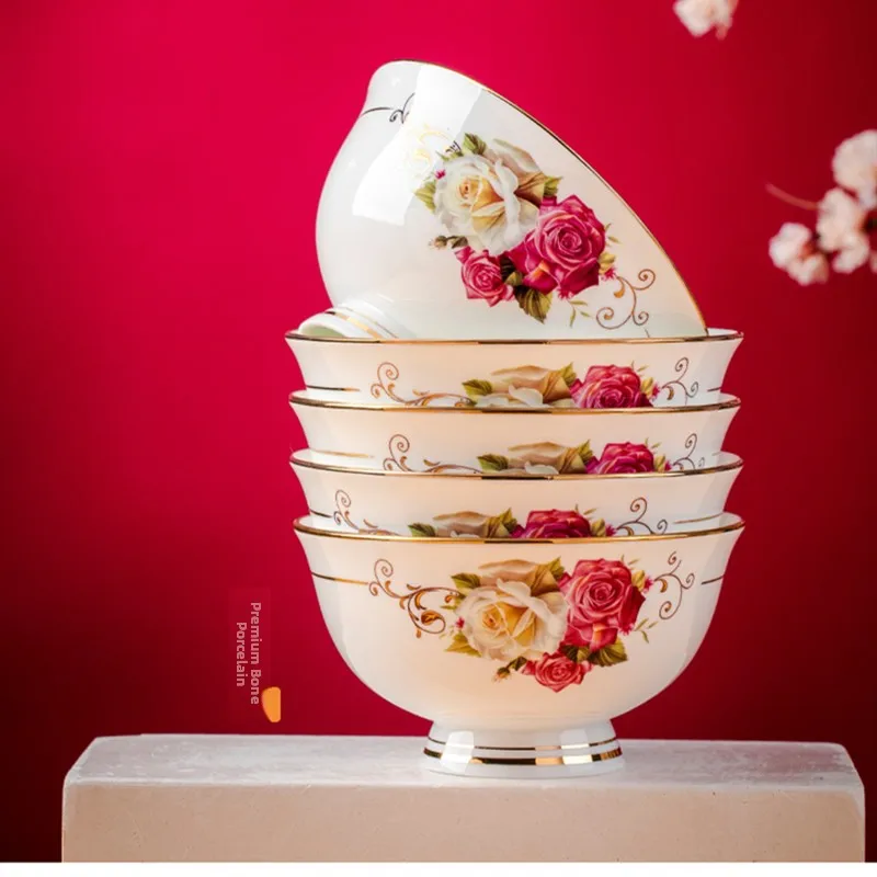 

High Footed 5 Inch Cerc Bowl Jingdezhen Gold Bone China Dinnerware Set for Home Use Hand Painted Floral Patterned Bowl