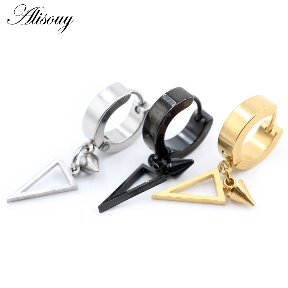 Alisouy 2 Pieces Triangular Taper Titanium Steel Women's Stud Earrings Hoop Earrings Men Triangle Cone Spike Dangle Unisex