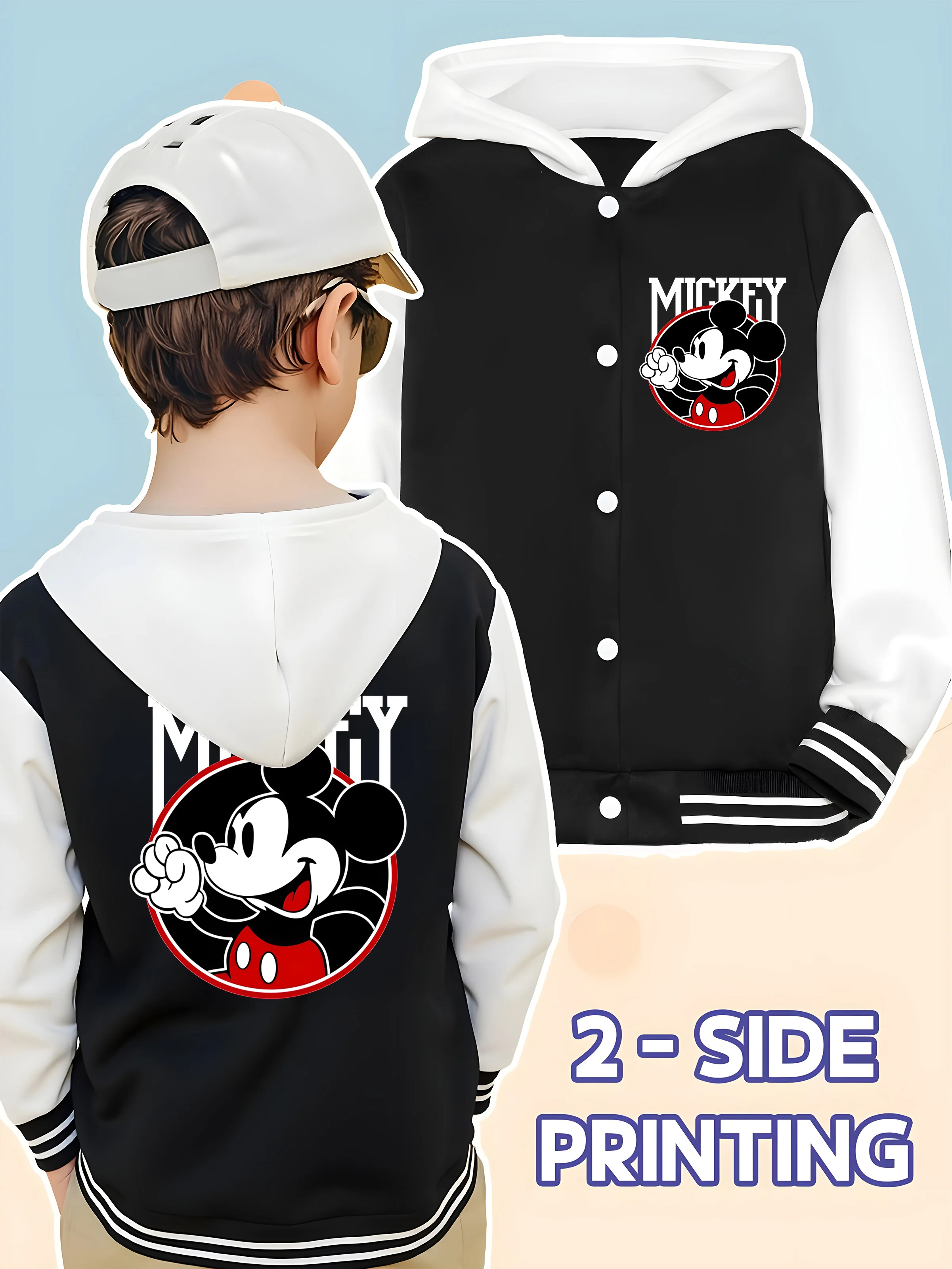 

MINISO Disney Mickey Boys' Baseball Jacket - Double-Sided Print with Large Logo, Soft Fabric, and Versatile Cartoon Style