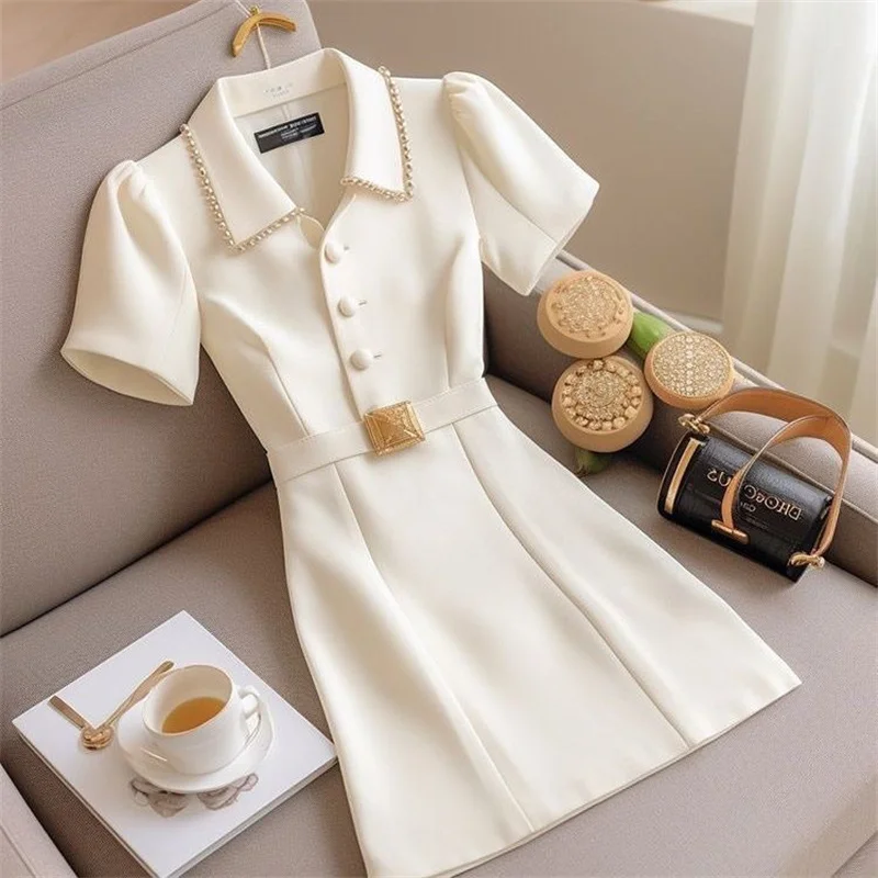 Summer Vintage Pearl Beading Party Dress Elegant Women's Short Sleeve Polo Collar Single Breasted A-Line Dress With Belt J541