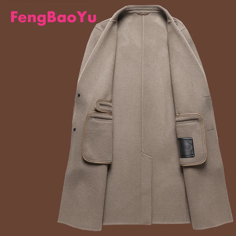 

Fengbaoyu Autumn Winter Men's Double Cashmere Coat Suit Collar 100% Wool Casual Warm Trench Black Coat Light Luxury Men's Wear