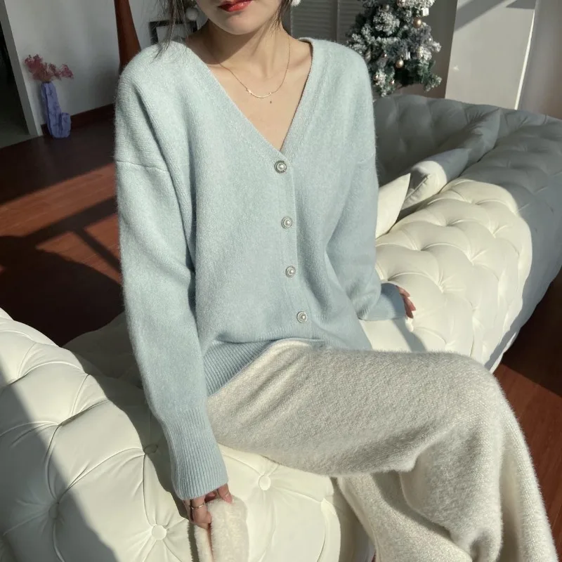 

Fashion Knitted Cardigan Women Sweater Korean White Blue Pink V-Neck Office Lady Clothes 2023 Fall Winter Soft Loose Coat 28193