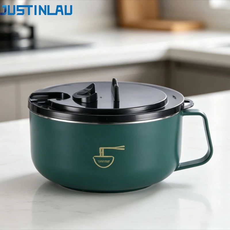 JUSTINLAU Ramen Bowl 304, tazón de fideos instantáneos de acero inoxidable con tapa, tazón de fideos drenable, utensilios de cocina, accesorios de cocina