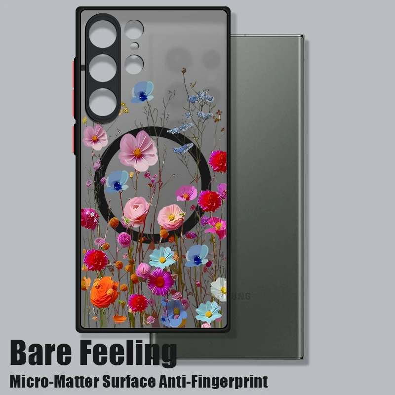 Magnetic Garden Flower Case For Samsung Galaxy S24 Ultra Capa S22 S23 Ultra S21 FE S25 Luxury Matte Clear Back Hard Cover Fundas