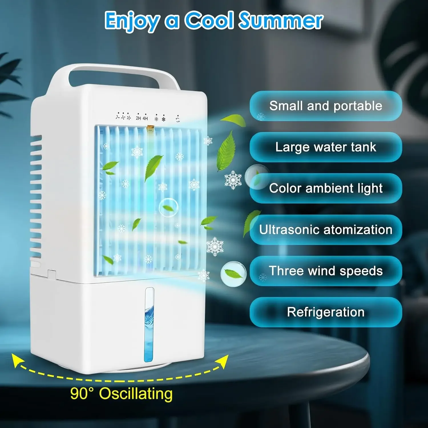 냉각 및 상쾌한 공기용 효율적인 증발 냉각기, 미니 데스크탑 AC 에어컨, 90 ° 진동 선풍기 및 타이머 포함, 900ml