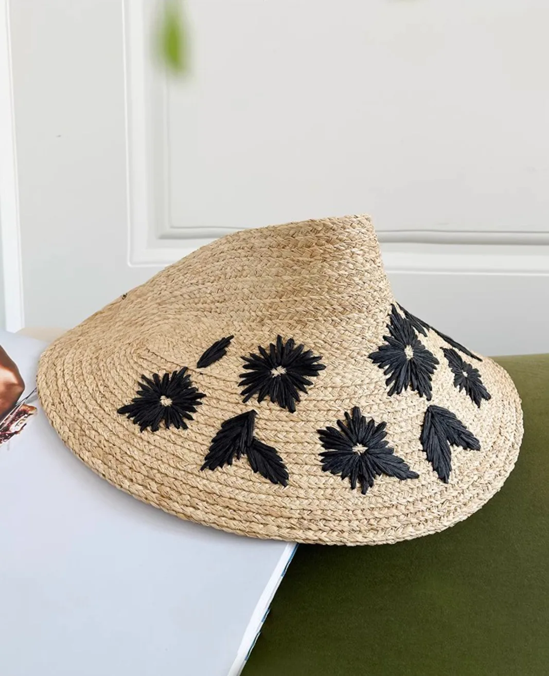 Französische Damen-Raffia-Stroh-Sonnenhüte für Frauen mit Breiter Krempe UV-Schutz Blumenmuster Gehäkelter Outdoor-Urlaubs-Strandhut Gorros – Detail 12