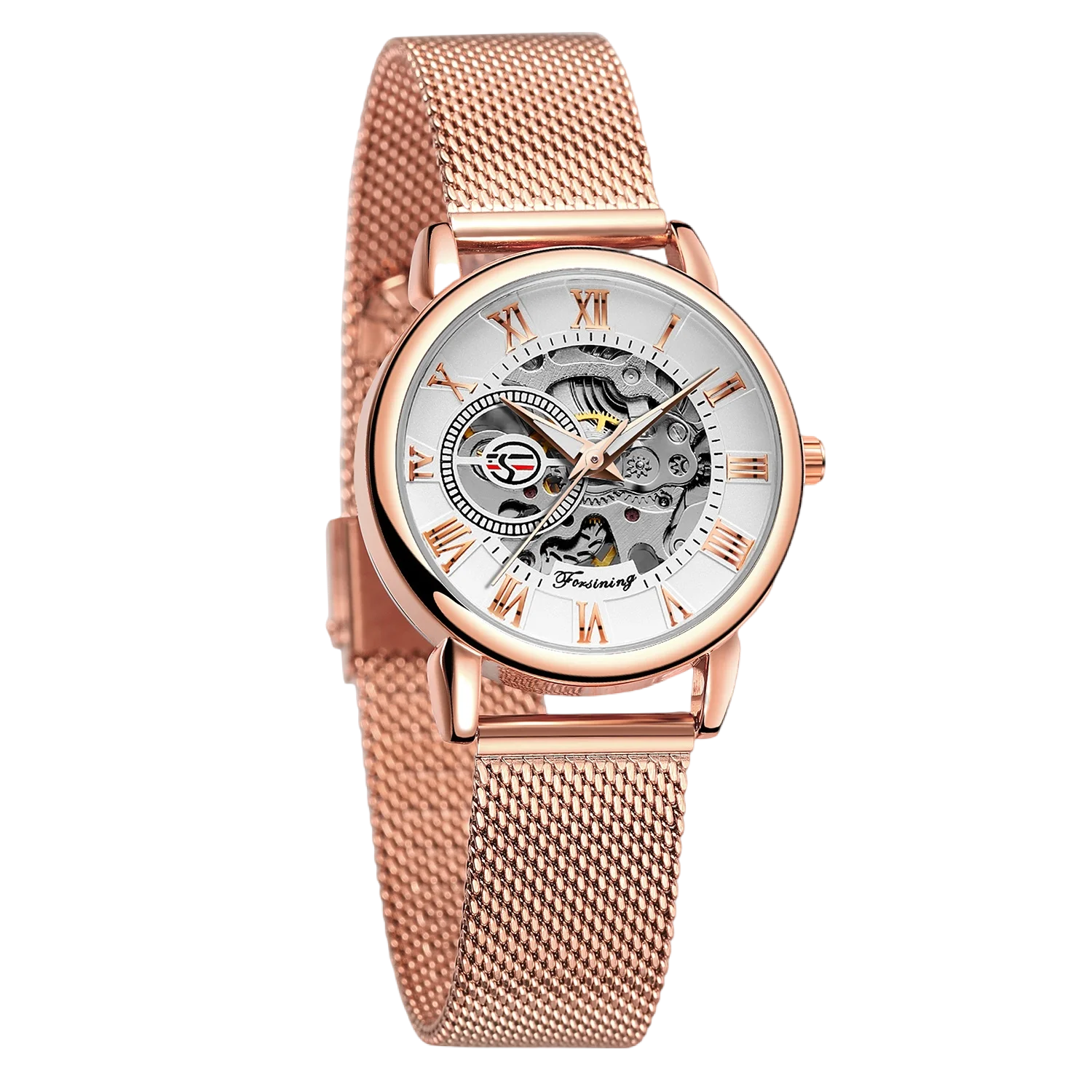 FORSINING Классические элегантные женские часы Скелет Ручной ветер Механические наручные часы с римскими цифрами Сетчатый ремешок Ретро Роскошные часы