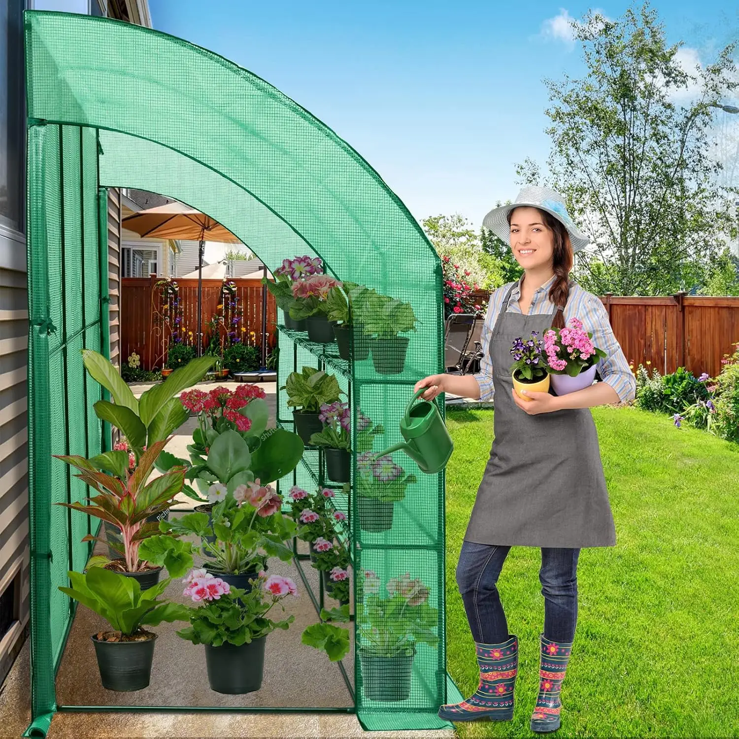 

3 Tier Lean to Portable Greenhouse, Heavy-Duty Indoor & Outdoor Garden with Wire Shelves, 2 Roll-Up Zipper Doors, Eas