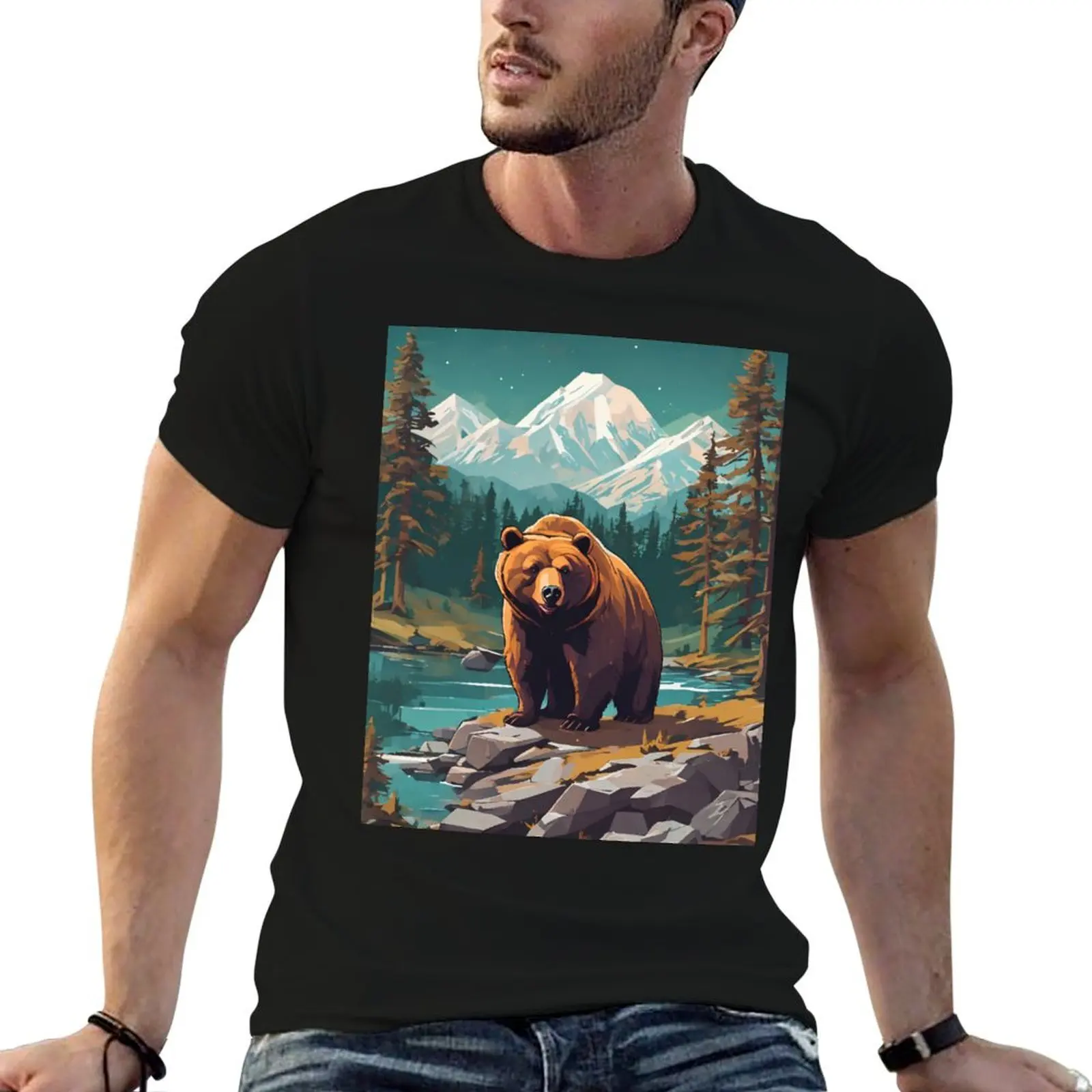 Nature Grizzly Bear T-Shirt Heavy Duty Casual Work Tee
