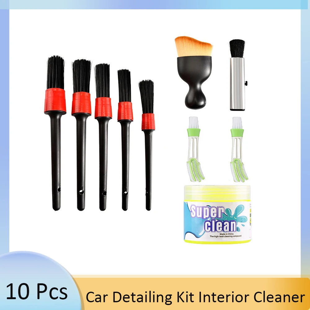 10Pcs Car Detailing Kit Interior Cleaner with Car Detailing Brushes, Air Vent Brush, Cleaning Gel, Soft Duster Brush for Wheels