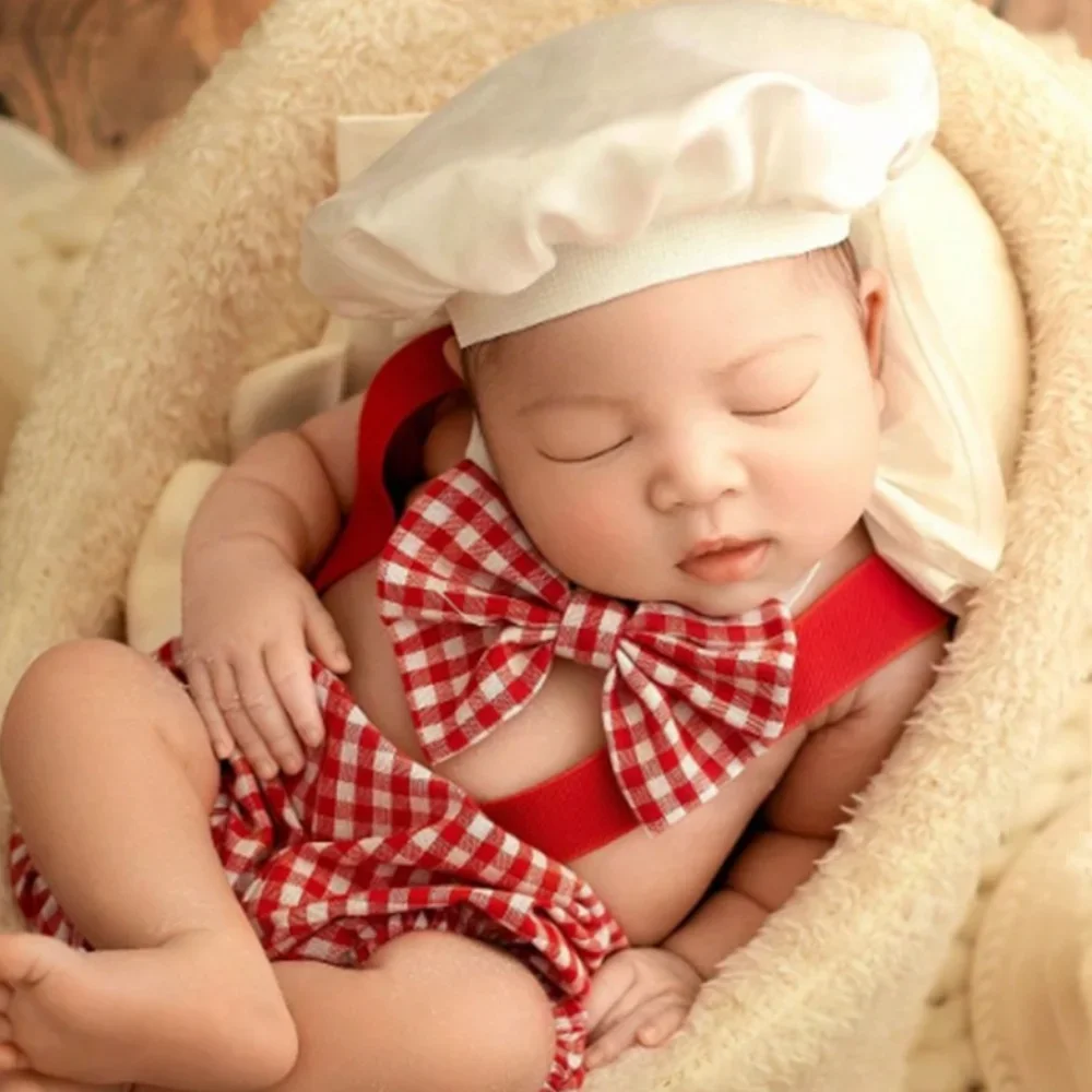 Newborn Growth Memorial Photography Prop Chef Styling Clothes Vest Pants Tie Chef-Hat Baby Gift Souvenir take photos Accessories