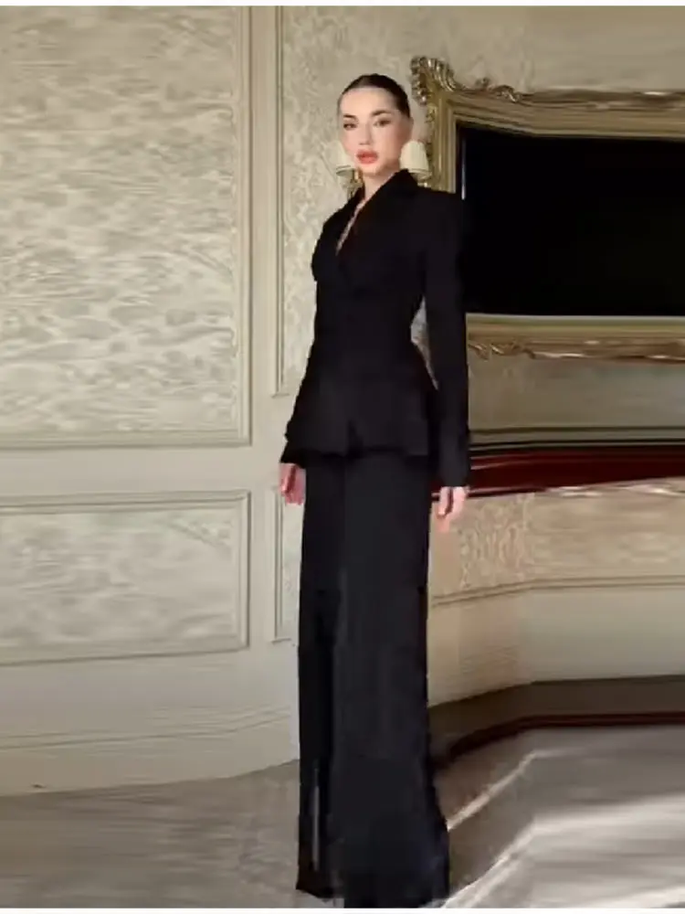 Conjunto de Dos Piezas para Mujer, Blazer Elegante con Cuentas Bordadas, Corte Entallado, Hombros Anchos, Top Sólido Informal, Pantalones Anchos Cómodos
