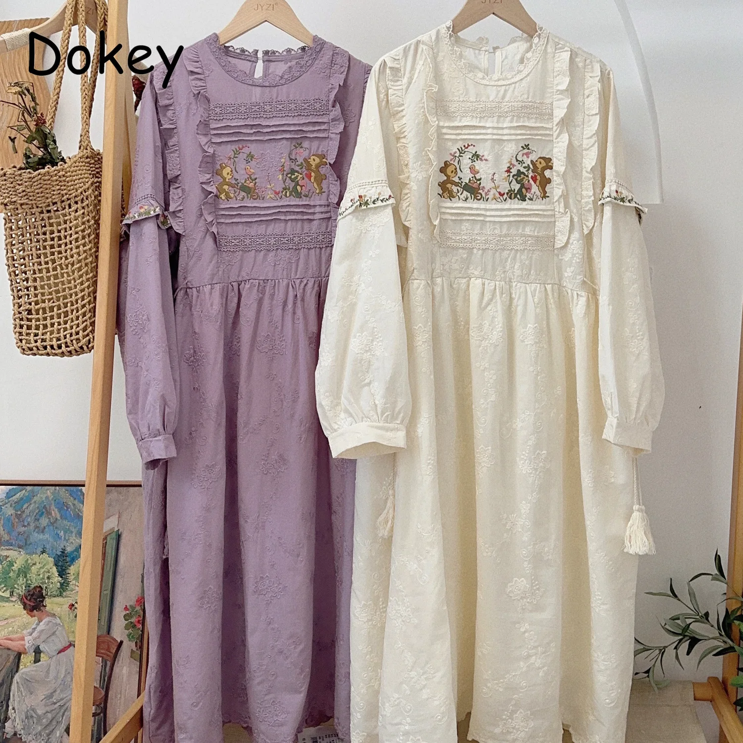 Vintage Floral Embroidery Long Sleeve Dress Women Japanese Mori Girl Spring Sweet O-Neck Cotton Linen Dress vestidos para mujer