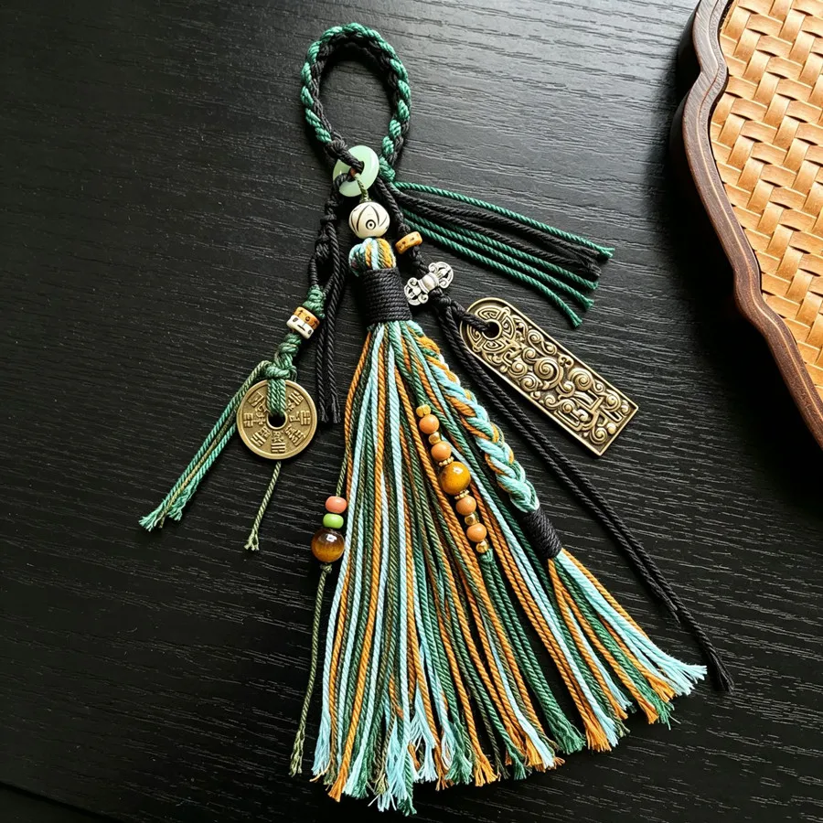 Tibetische Quaste mit Kupfermünzen und Perlen, Vajra-Stößel-Anhänger, gewebtes Lanyard, DIY-Schlüsselanhänger, Handyriemen, Taschen- und Auto-Hängeaccessoire – Detail 9