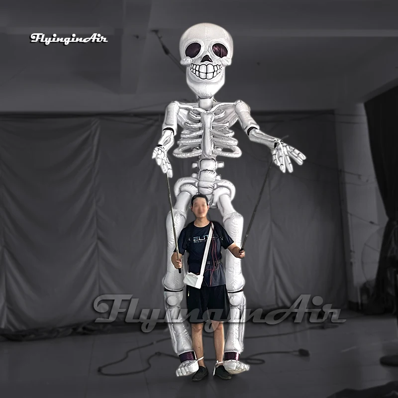 3.5m Controlled Inflatable Skeleton Halloween Parade Puppet Walking Blow Up Skull Man Marionette With Poles For Event Show