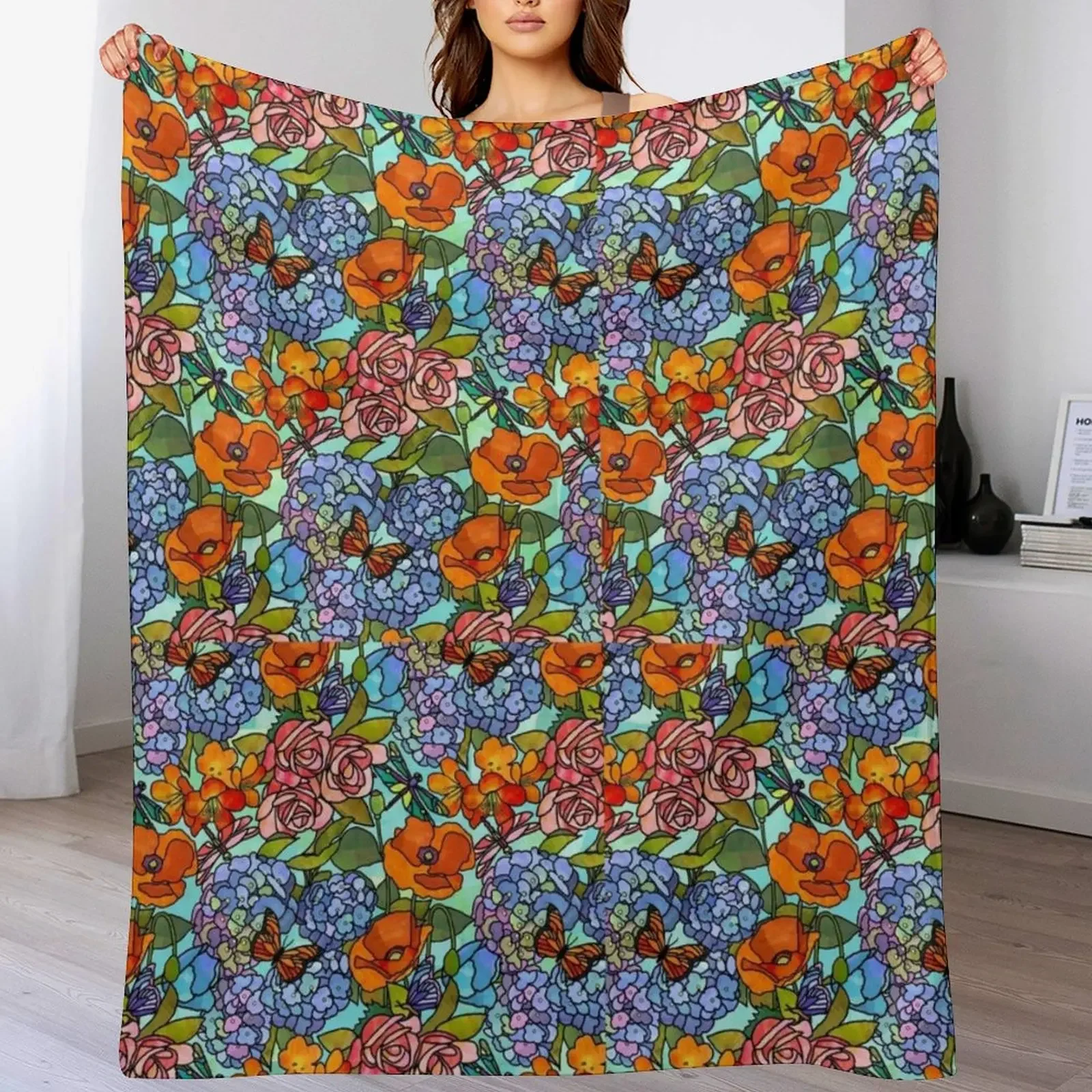 Stained Glass Floral Collage Throw Blanket Modern Design Soft Blanket for Home Decor