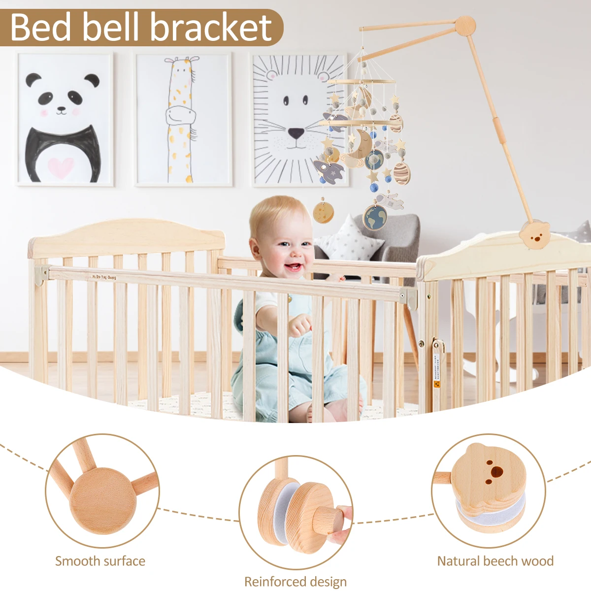 Baby Rattle Toy Bracket 0-12 Months Bed Bell Hanger Wooden Mobile Newborn Baby Bedside Mobile Arm Indoor Decoration Hanging Rod