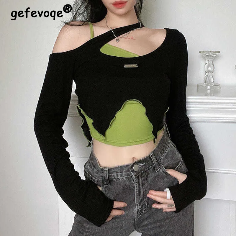 Y2k Vintage Asymmetrical T-shirt Korean Crop Tops Two Piece Women Casual Off Shoulder Streetwear Long Sleeve Chic Slim Tee Tops