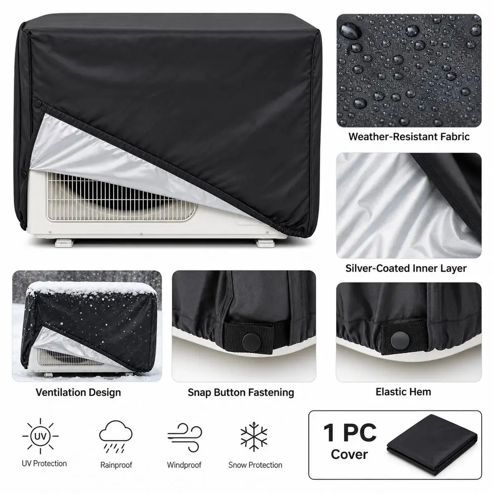 Silver-Coated Fabric Air Conditioner Cover UV Resistant Water Resistant Outdoor AC Cover Snap Buttons Elastic Hem AC Unit Cover