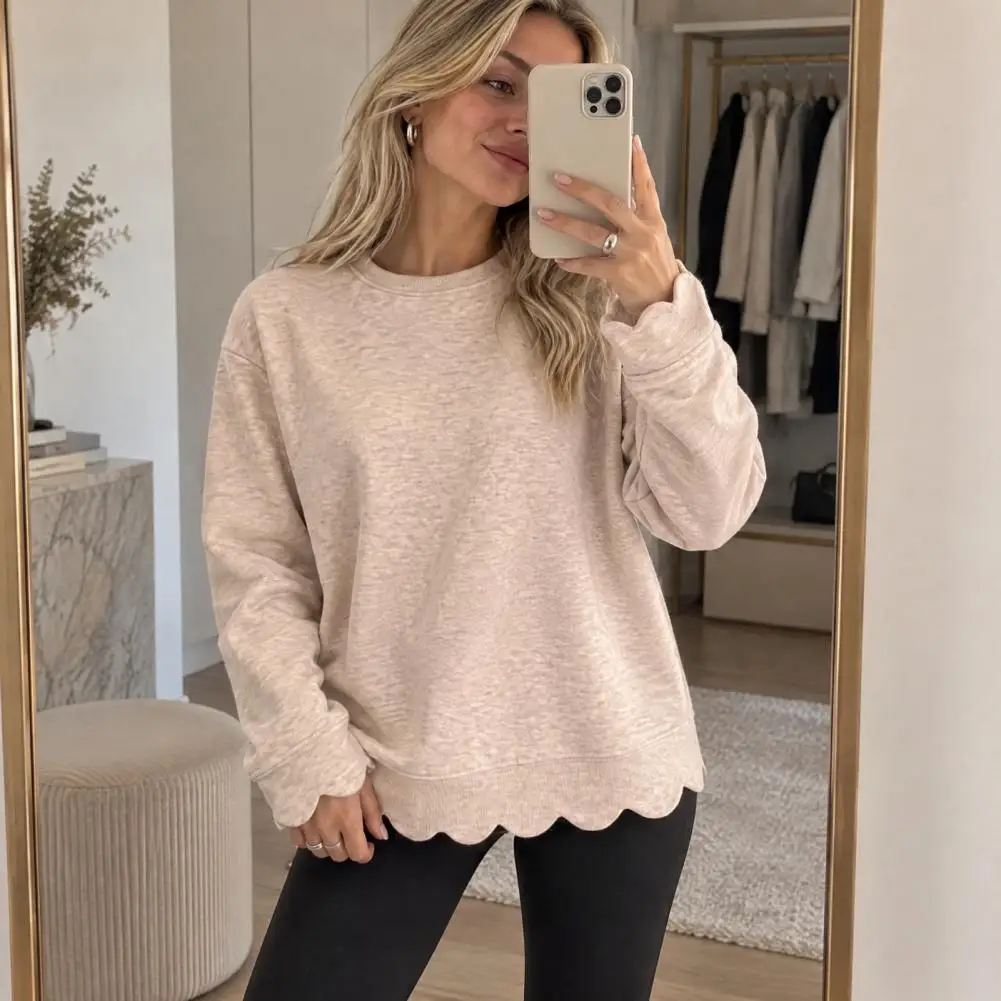 Wear Sweatshirt Women’s Crewneck Sweatshirt with Scalloped Hem Solid Color Long Sleeve Pullover Drop Shoulder for Spring