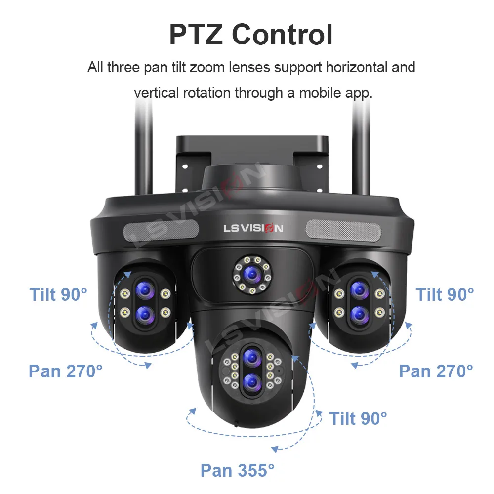 Kamera IP WiFi LS VISION 35MP z 10-krotnym zoomem, 7 obiektywami, 4 ekranami, bezprzewodowa kamera monitoringu zewnętrznego PTZ CCTV z automatycznym śledzeniem i noktowizorem