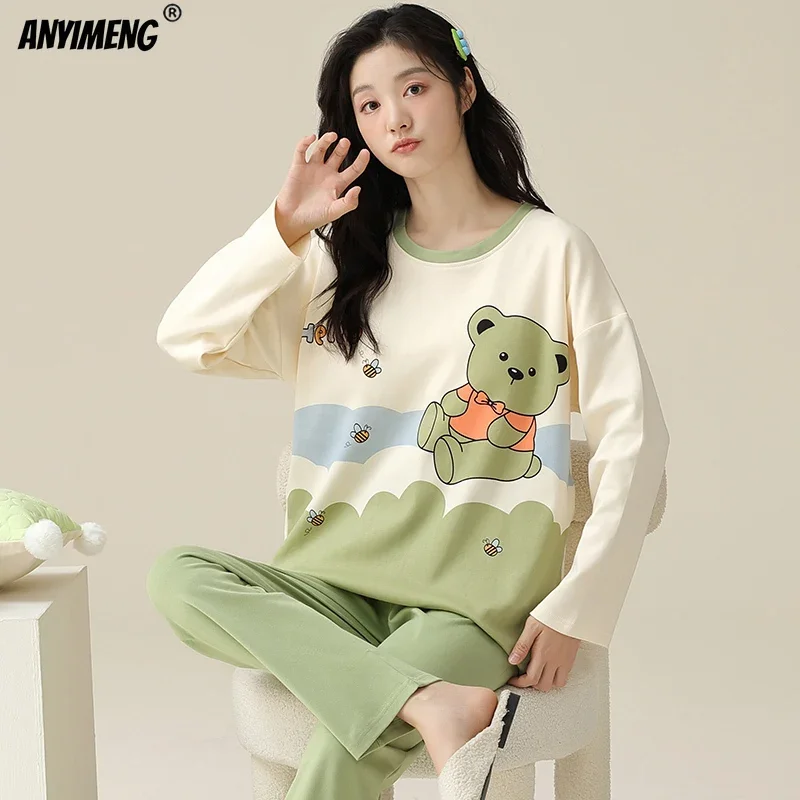 M-5XL Spring Autumn Long Sleeves Women Pajamas Comfy Cotton Pullover Sleepwear Korean Pijamas Girls Homewear Plus Size Nightwear