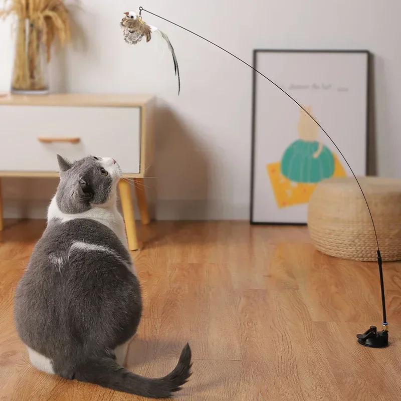 Simulazione uccello giocattolo interattivo per gatti, piuma divertente con campana, giocattolo in Stick per il gioco di gattini, bacchetta